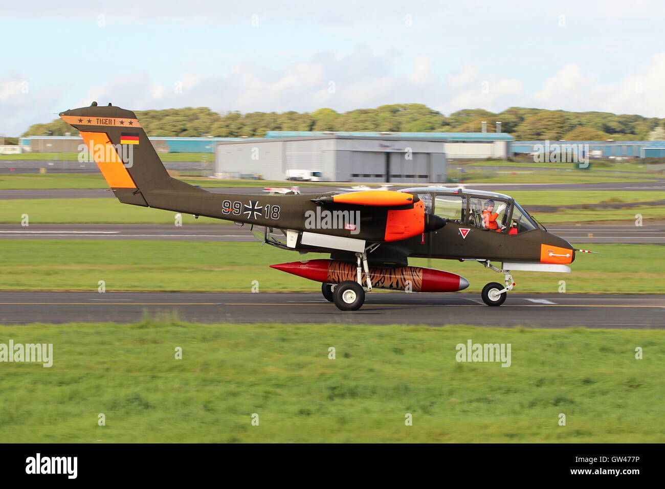 G-ONAA, a preserved North American/Rockwell OV-10B Bronco, a former German Air Force target tug (99+18), at Prestwick Airport. Stock Photo