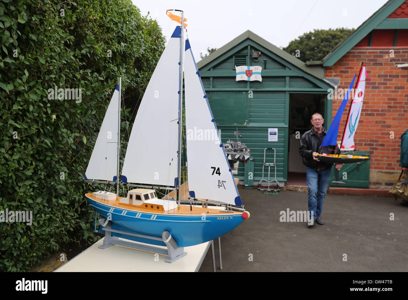 A member of the Tynemouth Model Boat Club prepares his model boat at