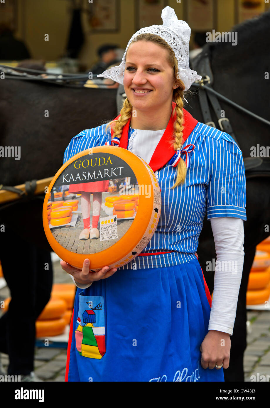 Dutch cheese girl with a Gouda cheese truckle, cheese market Gouda