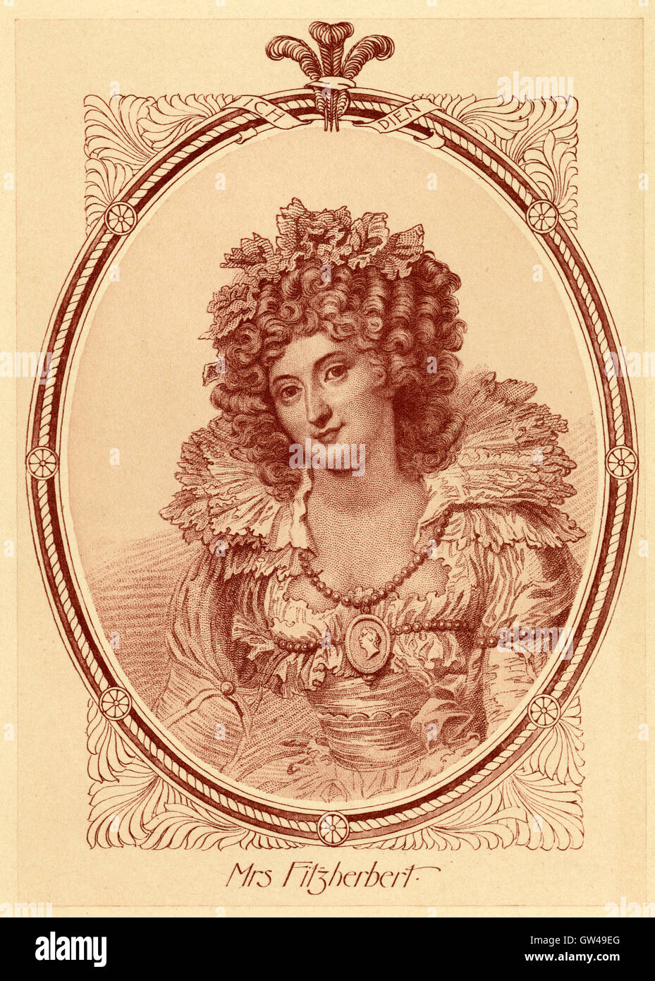 Antique c1890 engraving, Mrs. Fitzherbert. Maria Anne Fitzherbert (1756-1837) was a longtime companion of the future King George IV of the United Kingdom with whom she secretly contracted a marriage that was invalid under English civil law before his accession to the throne. SOURCE: ORIGINAL STEEL ENGRAVING. Stock Photo