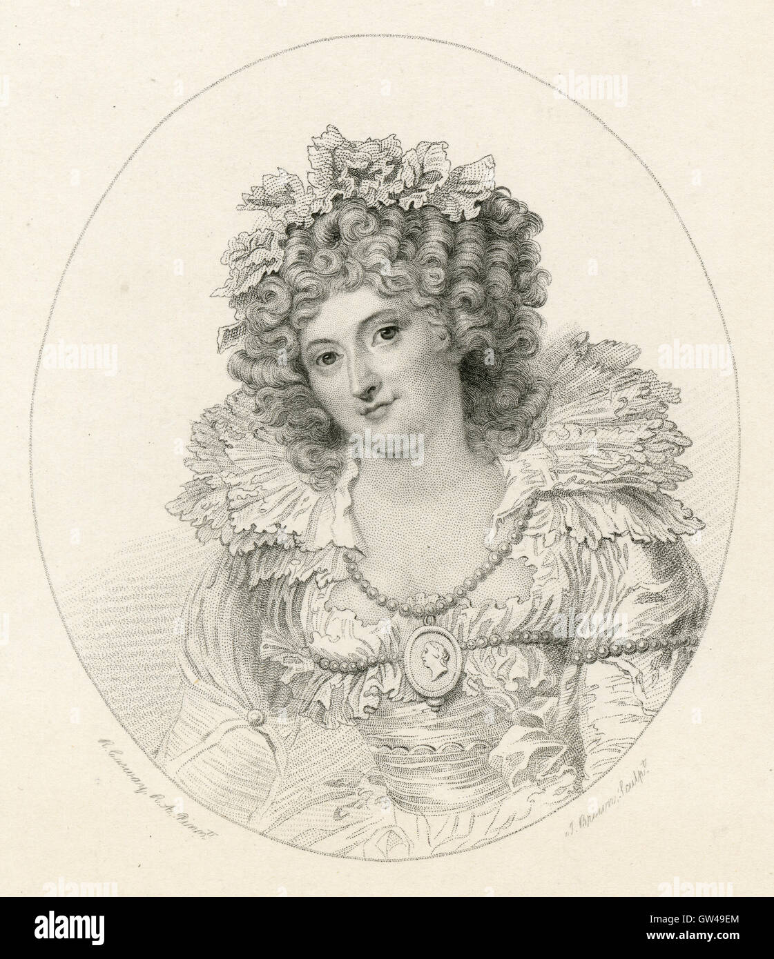 Antique 1893 engraving, Mrs. Fitzherbert. Maria Anne Fitzherbert (1756-1837) was a longtime companion of the future King George IV of the United Kingdom with whom she secretly contracted a marriage that was invalid under English civil law before his accession to the throne. SOURCE: ORIGINAL STEEL ENGRAVING. Stock Photo
