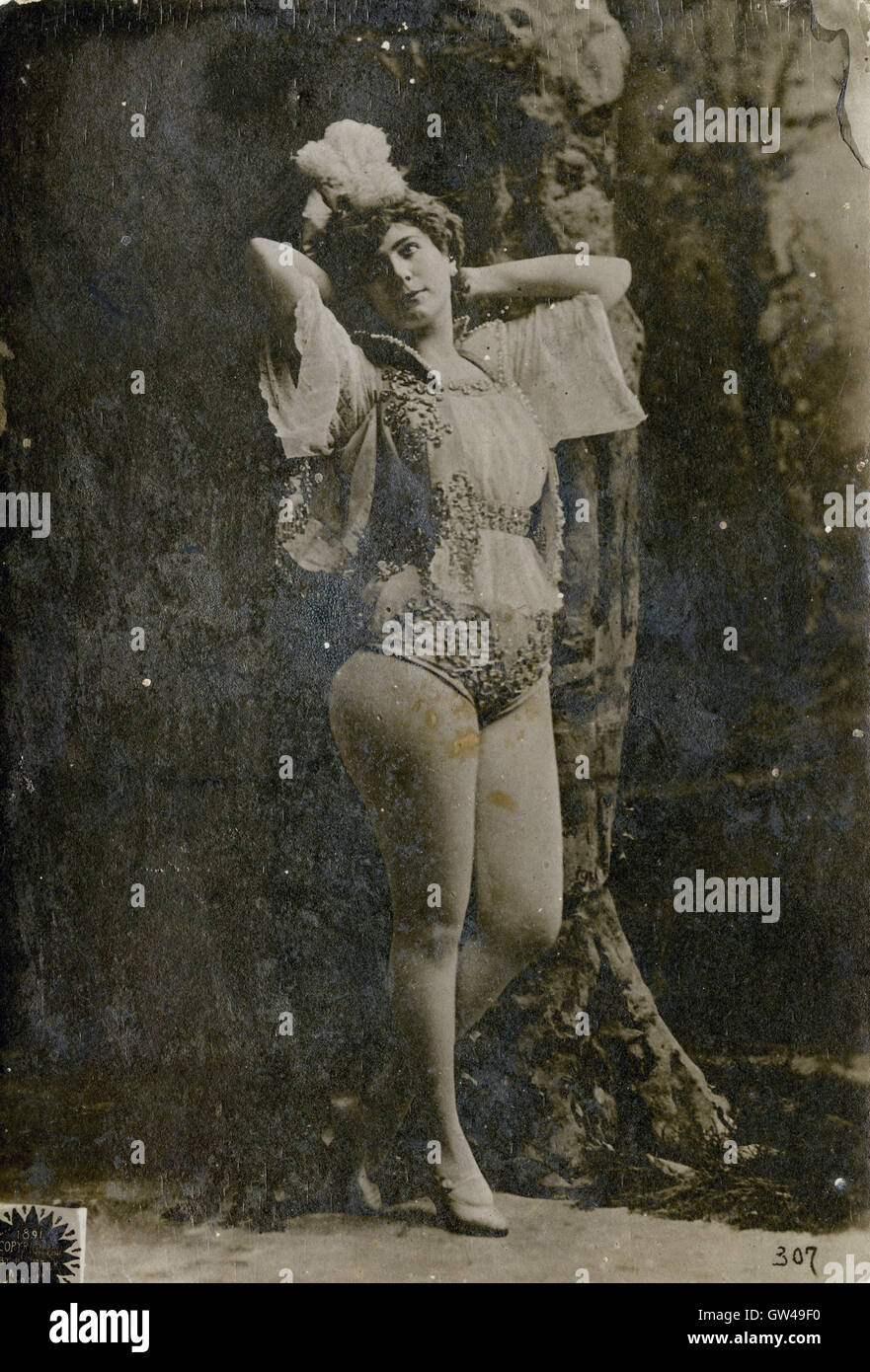 Antique 1891 cabinet card photograph of Jennie Joyce, produced as a promotional item for the Newsboy tobacco company. Jennie Joyce was an actress in New York with a troubled personal life. SOURCE: ORIGINAL PHOTOGRAPH. Stock Photo