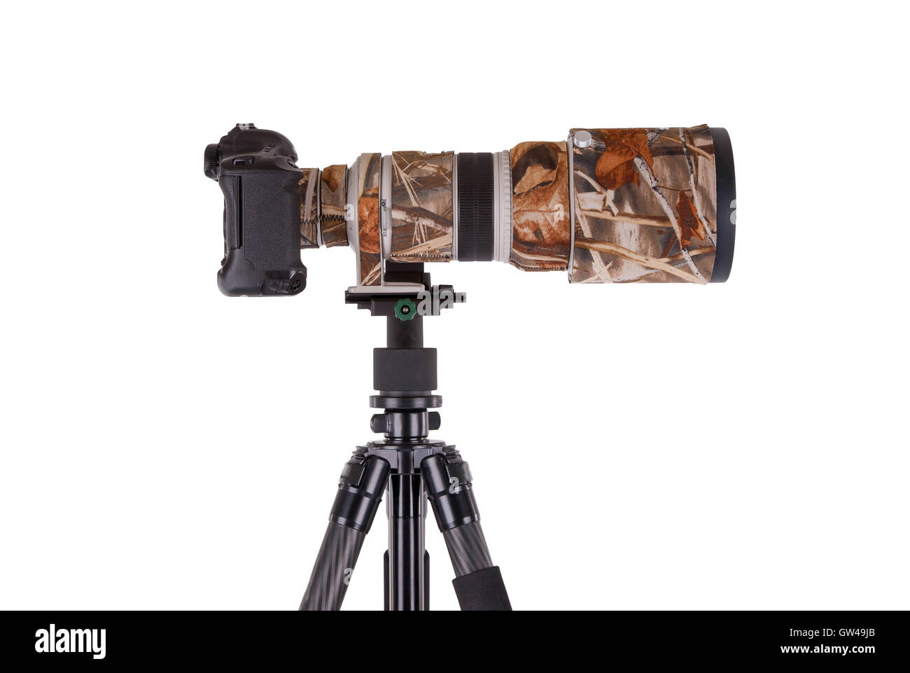 Long camouflages professional supertele on tripod Stock Photo