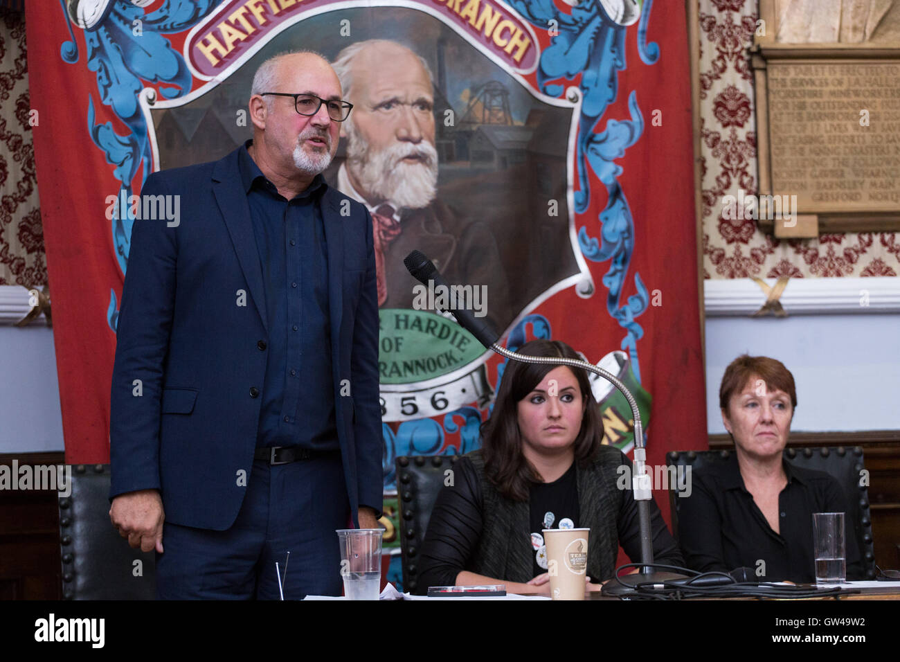 Jon Trickett, Labour politician and MP for Hemsworth, speaks at a rally, held at the National Union of Mineworkers, in Barnsley, Stock Photo