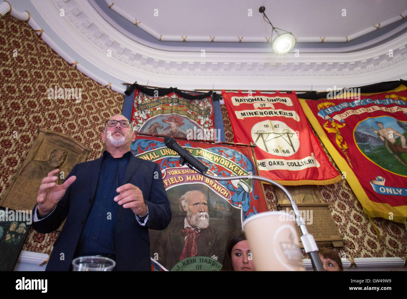 Jon Trickett, Labour politician and MP for Hemsworth, speaks at a rally, held at the National Union of Mineworkers, in Barnsley. Stock Photo