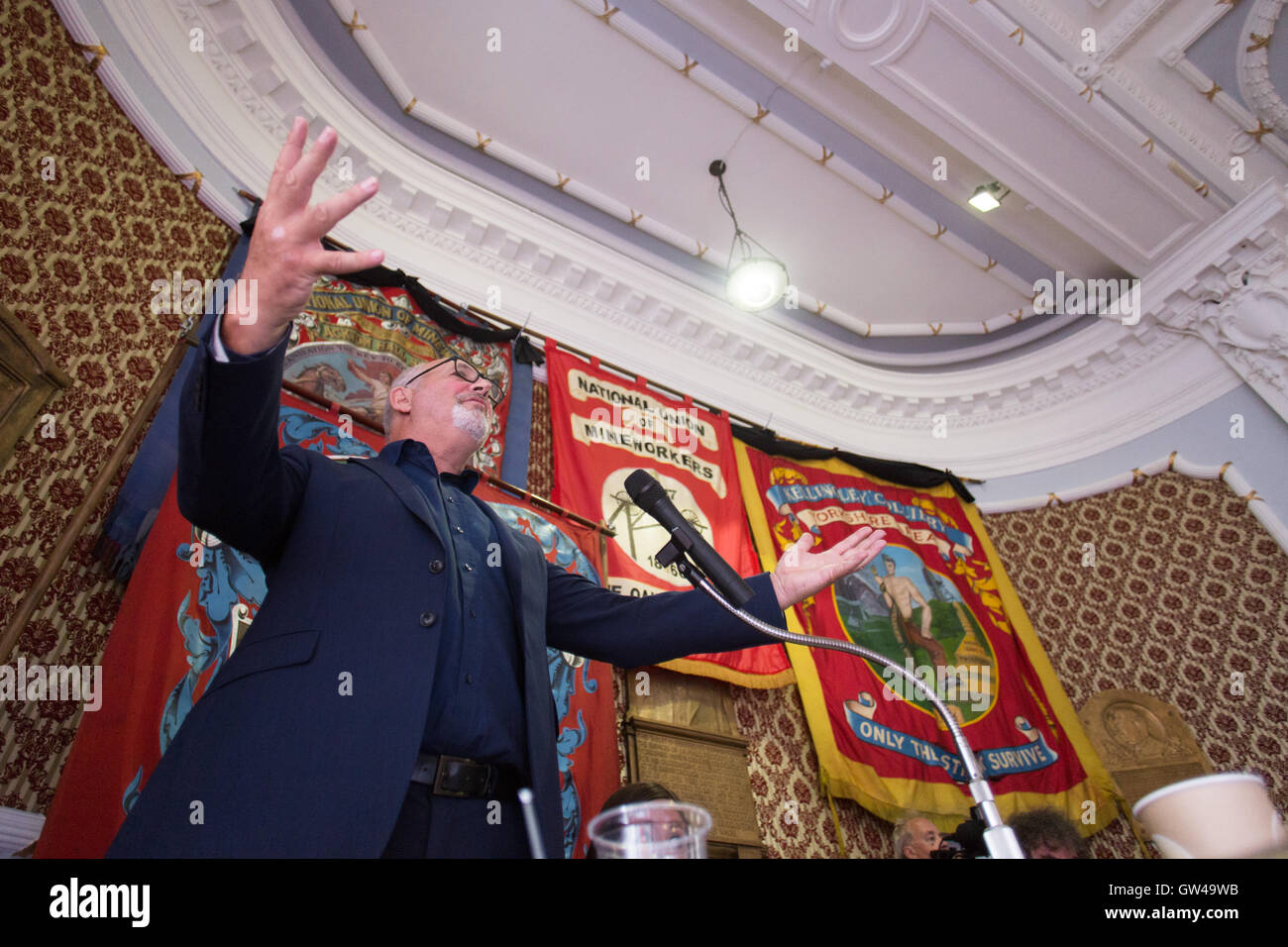 Jon Trickett, Labour politician and MP for Hemsworth, speaks at a rally, held at the National Union of Mineworkers, in Barnsley. Stock Photo
