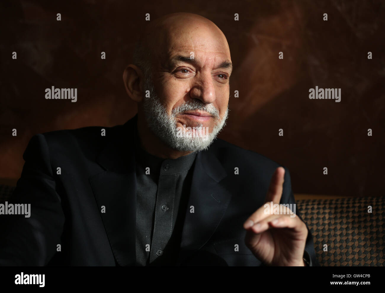 Dortmund, Germany. 9th Sep, 2016. The former Afghan President, Hamid Karsai, speaks in an interview with the German Press-Agency (dpa) at the Arcadia Grand Hotel in Dortmund, Germany, 9 September 2016. PHOTO: INA FASSBENDER/dpa/Alamy Live News Stock Photo