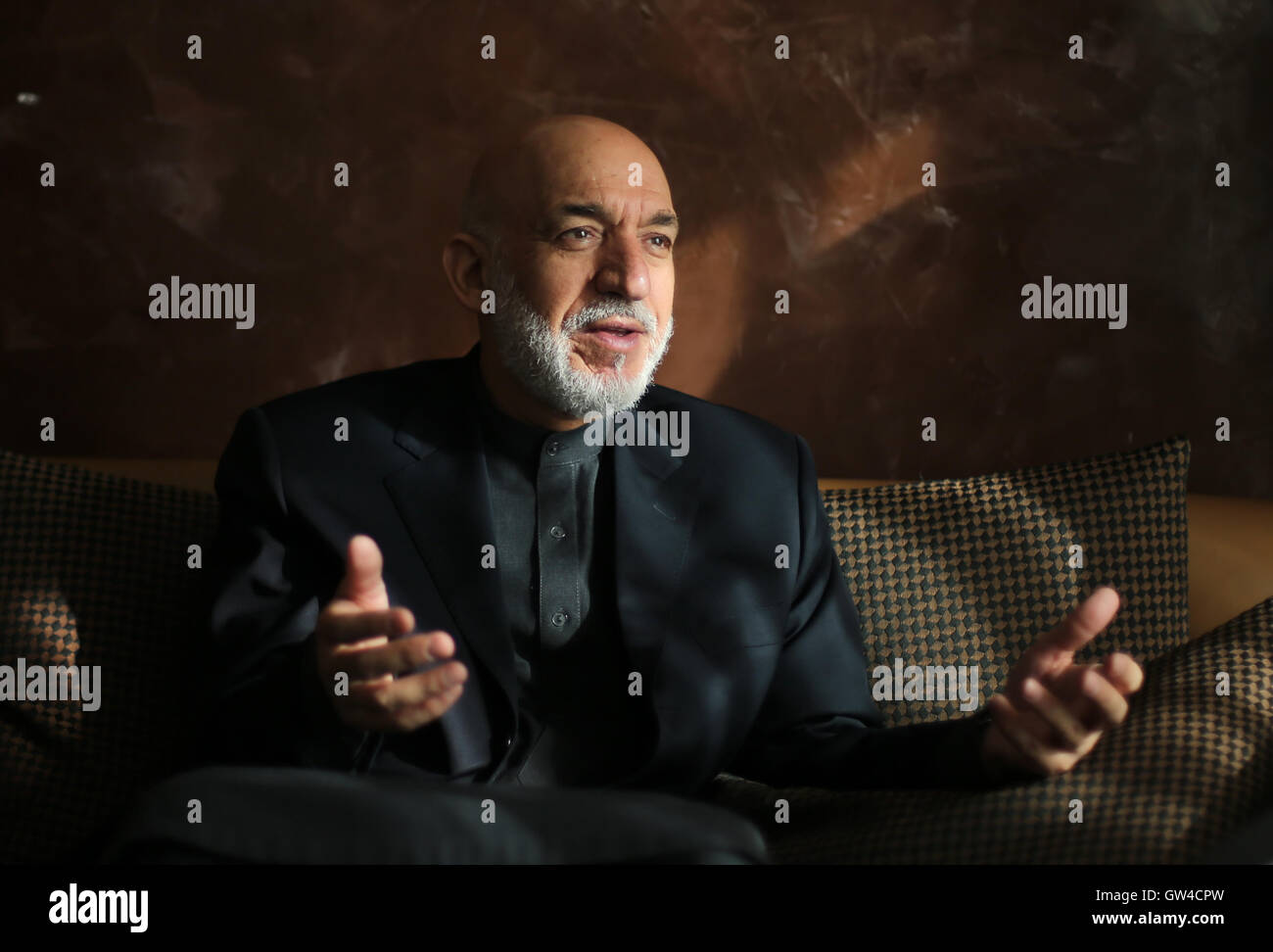 Dortmund, Germany. 9th Sep, 2016. The former Afghan President, Hamid Karsai, speaks in an interview with the German Press-Agency (dpa) at the Arcadia Grand Hotel in Dortmund, Germany, 9 September 2016. PHOTO: INA FASSBENDER/dpa/Alamy Live News Stock Photo