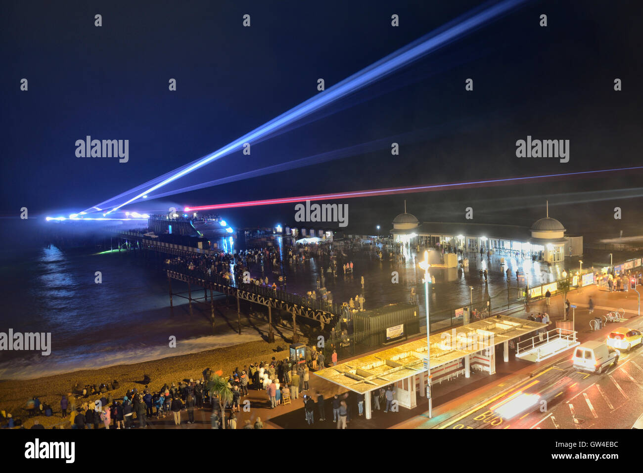 Laser light show on Hastings pleasure pier, East Sussex, England, UK