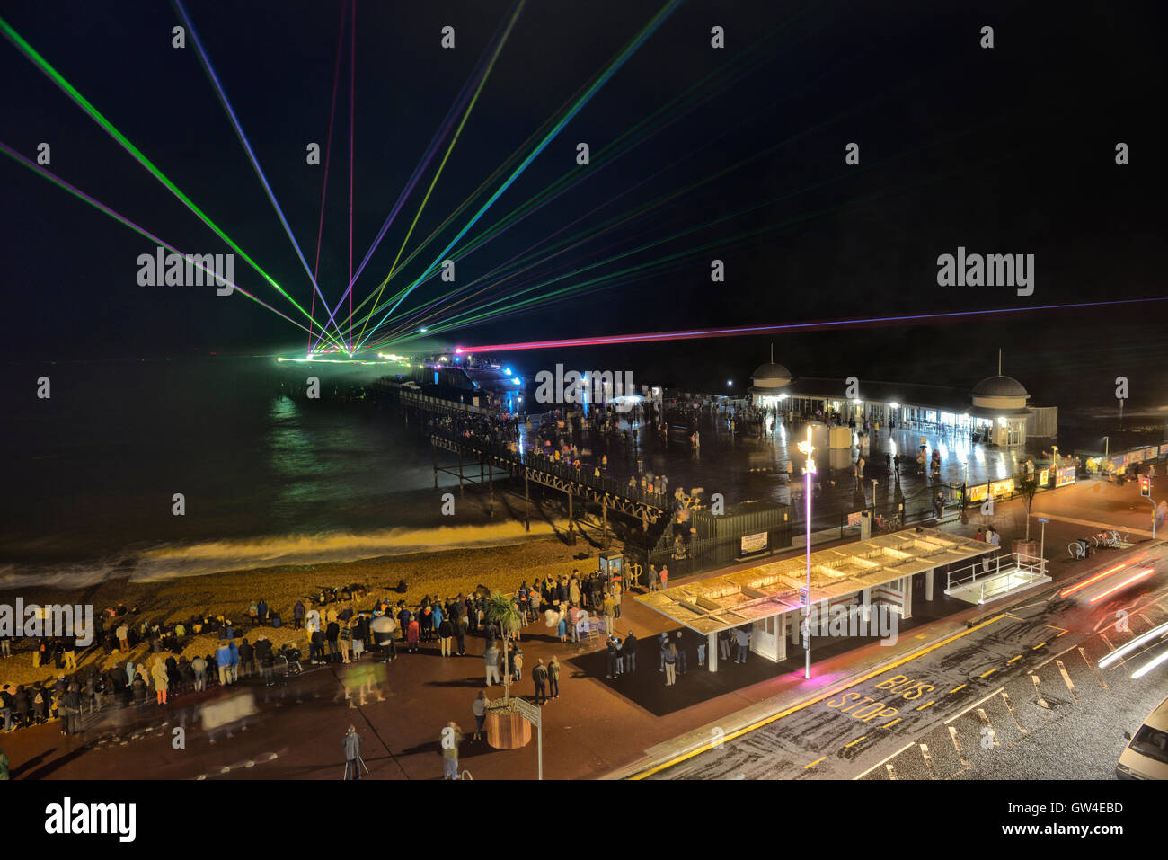 Laser light show on Hastings pleasure pier, East Sussex, England, UK