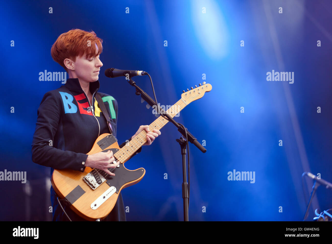 Close-up of LoneLady (Julie Campbell), during her set on the main stage of the OnBlackheath Music Festival 2016 Stock Photo