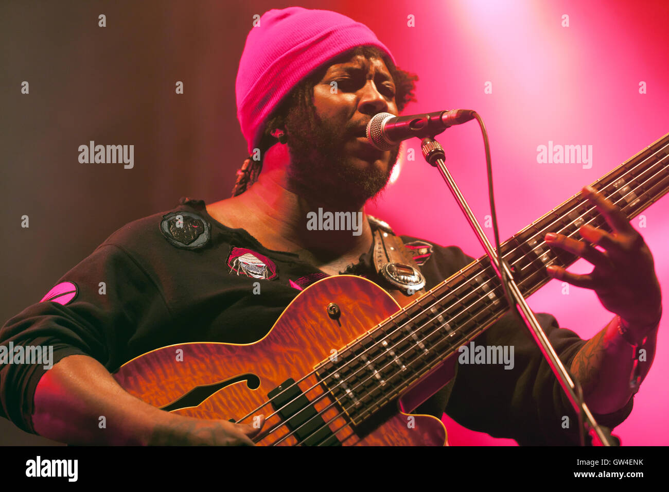 A Close-up of Thundercat (Stephen Bruner),  performing on the NTS Heavenly Stage , at the OnBlackheath Music Festival 2016 Stock Photo