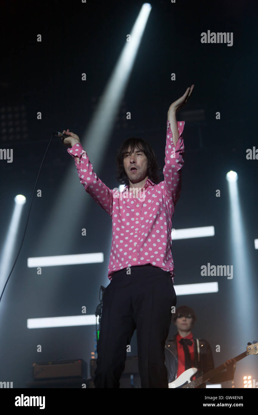 Close-up of Bobby Gillespie, lead singer of the alternative rock band, Primal Scream,  headlining on the main stage of the OnBlackheath Music Festival  2016. Stock Photo