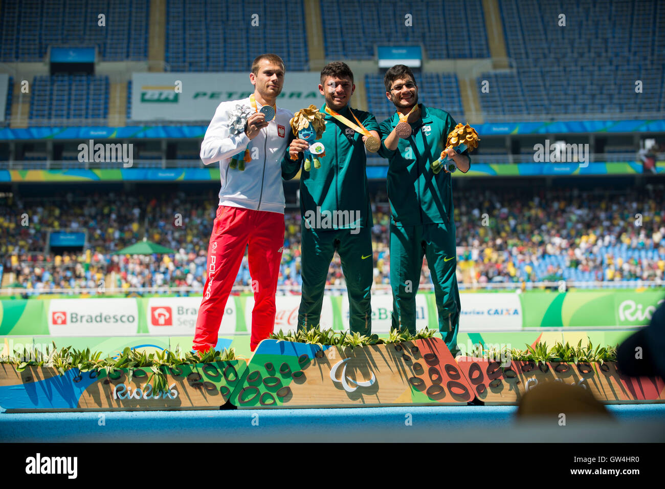 Rio De Janeiro, Brazil. 11th Sep, 2016. Podio of male 100m T47, Petrucio FERREIRA DOS SANTOS (BRA), gold medal; Derus Michal (POL), silver medal and BIRTH Yohansson (BRA) bronze medal during the Athletics Paralimpíada 2016 held at the Olympic Stadium (Engenhão). Credit:  Celso Pupo/FotoArena/Alamy Live News Stock Photo