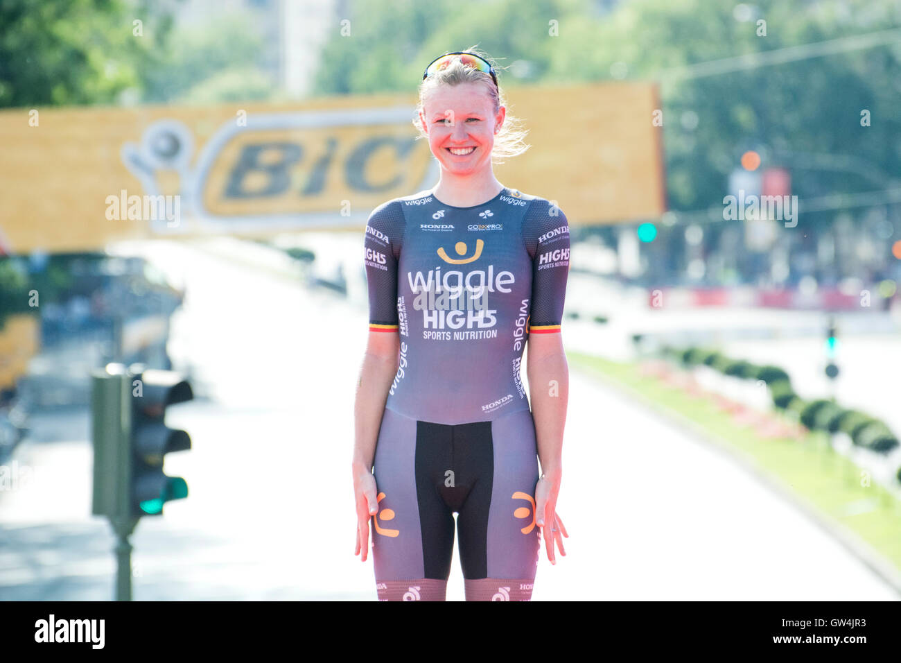 Madrid, Spain. 11th September, 2016. Mia Radotic (Wiggle High5) at the podium of the one-day race of UCI Women's World Tour ‘Madrid Challenge’ on 11 September, 2016 in Madrid, Spain. Credit: David Gato/Alamy Live News Stock Photo