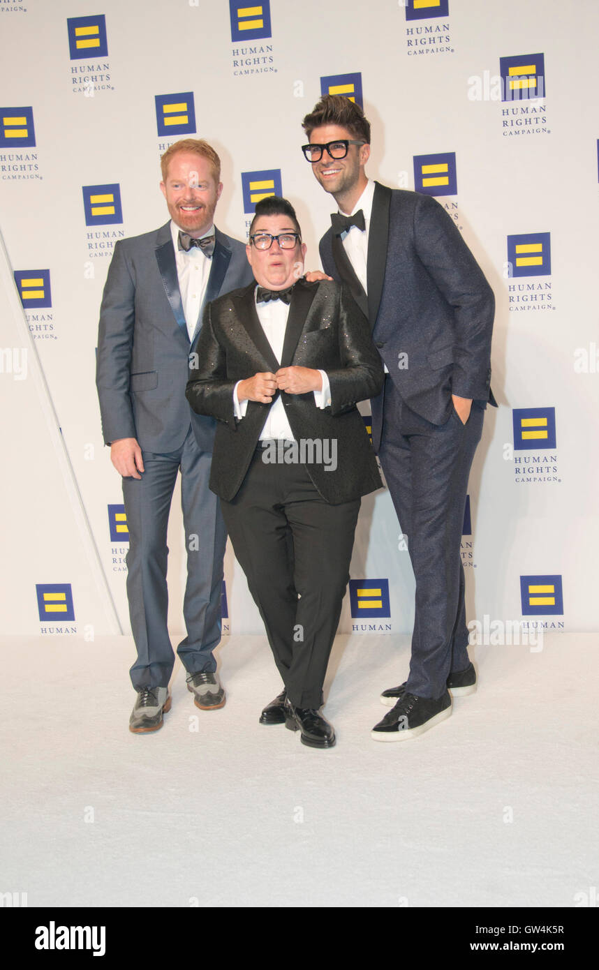 Washington DC,September 10, 2016, USA:  Lea DeLaria, Jessie Tyler Fergunson and Justin Matika attends the 20th Annual Human Rights Campaign (HRC) dinner takes place in Washington DC. Speakers and entertainment includes, Senator Tim Kaine, D-VA, Congressman John Lewis, D-GA, Nyle DiMarco, first Deaf person to win America's Top Model(Cycle 22) and Dancing with the Stars (Season 22) Actor Billy Porter, singer Estelle and actor Samira Wiley.  Patsy Lynch/MediaPunch Stock Photo