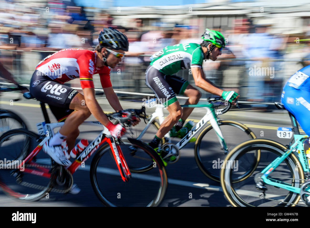 Riders on the Tour of Britain cycle race 2016 speed through Central London Stock Photo