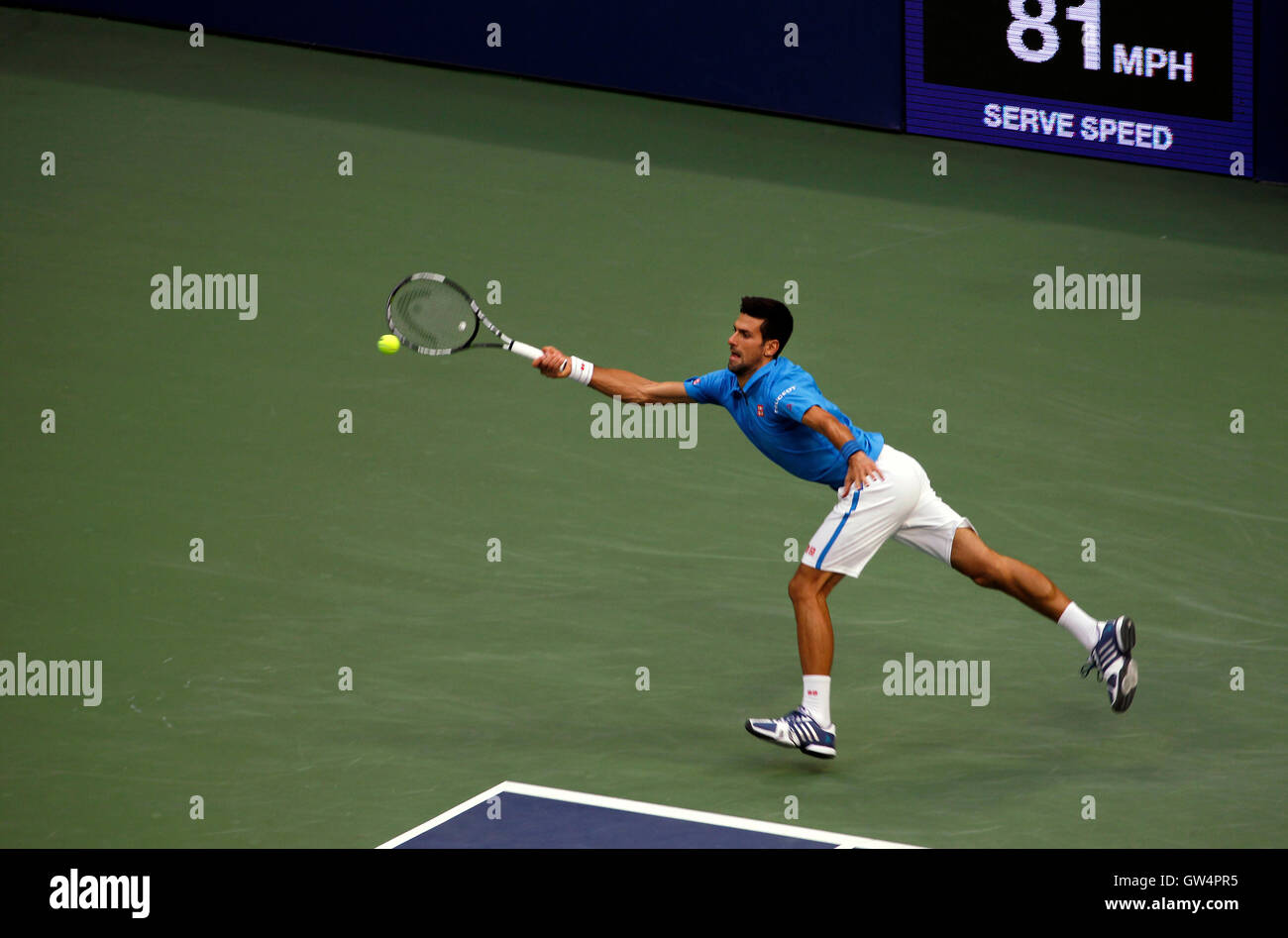 New York, United States. 11th Sep, 2016. Novak Djokovic scrambles for a forehand during the United States Open Tennis Championships Final against Switzerland's Stan Warwinka at Flushing Meadows, New York on Sunday, September 11th. Credit:  Adam Stoltman/Alamy Live News Stock Photo