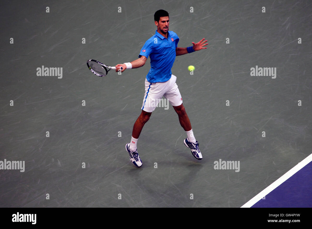 New York, United States. 11th Sep, 2016. Novak Djokovic strikes a forehand during the United States Open Tennis Championships Final against Switzerland's Stan Warwinka at Flushing Meadows, New York on Sunday, September 11th. Credit:  Adam Stoltman/Alamy Live News Stock Photo
