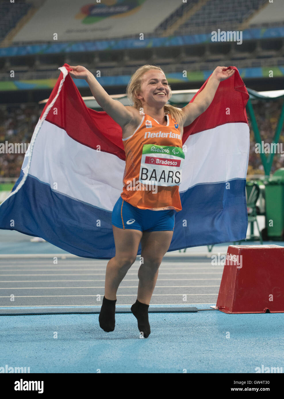 Rio De Janeiro, Brz. 11th Sep, 2016. Rio de Janeiro, Brazil 11SEP16: Lara Baars of the Netherlands jumps for joy after getting third in the women's F40 shot put final with a throw of 7.12 meters on the fourth day of athletics competition at the 2016 Rio Paralympic Games. Credit:  Bob Daemmrich/Alamy Live News Stock Photo