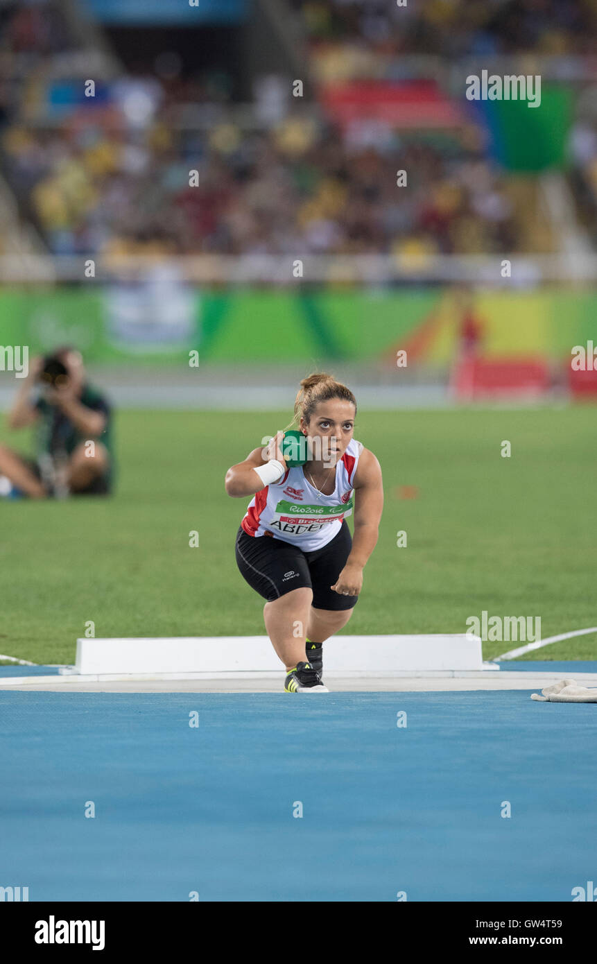 Rima Abdelli of Tunisia competes in the women's F40 shotput final at the 2016 Rio Paralympics, finishing 2nd to win silver. Stock Photo