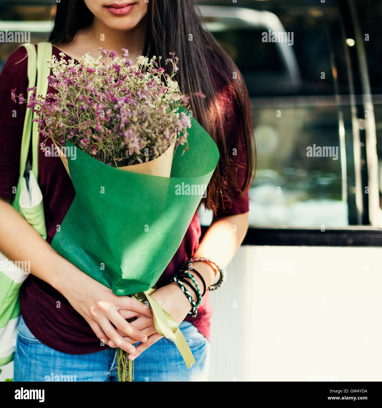 Bouquet Girl Alone Calm Flower Concept Stock Photo