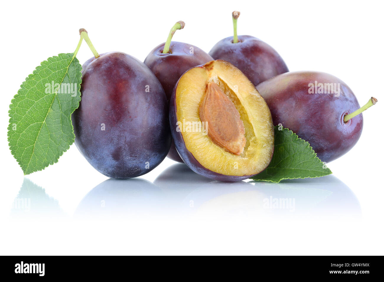 Plums plum prunes prune slice fresh fruits fruit isolated on a white background Stock Photo