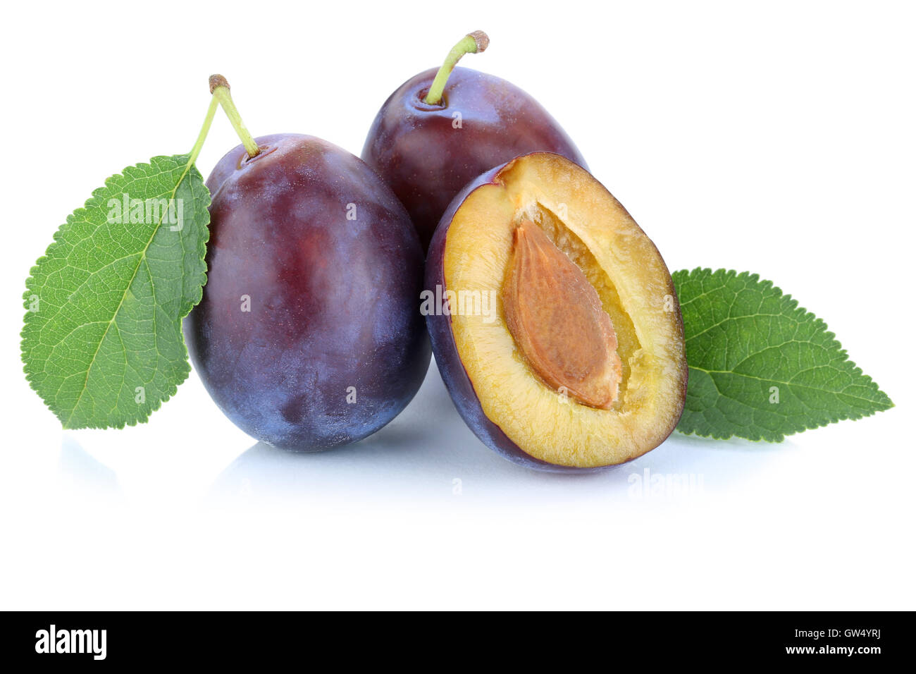 Plums plum prunes prune fresh fruits fruit isolated on a white background Stock Photo