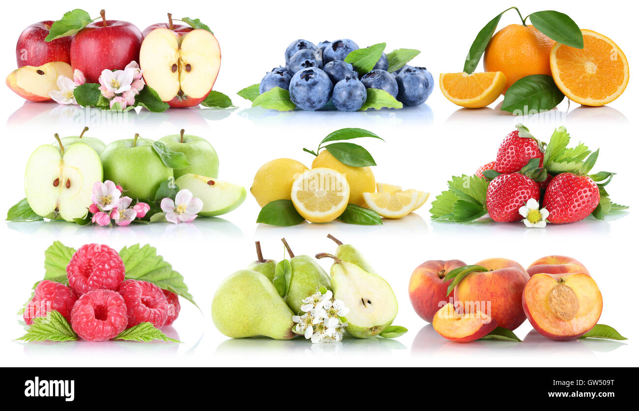 Fruits apple orange berries oranges strawberry organic collection isolated on white Stock Photo