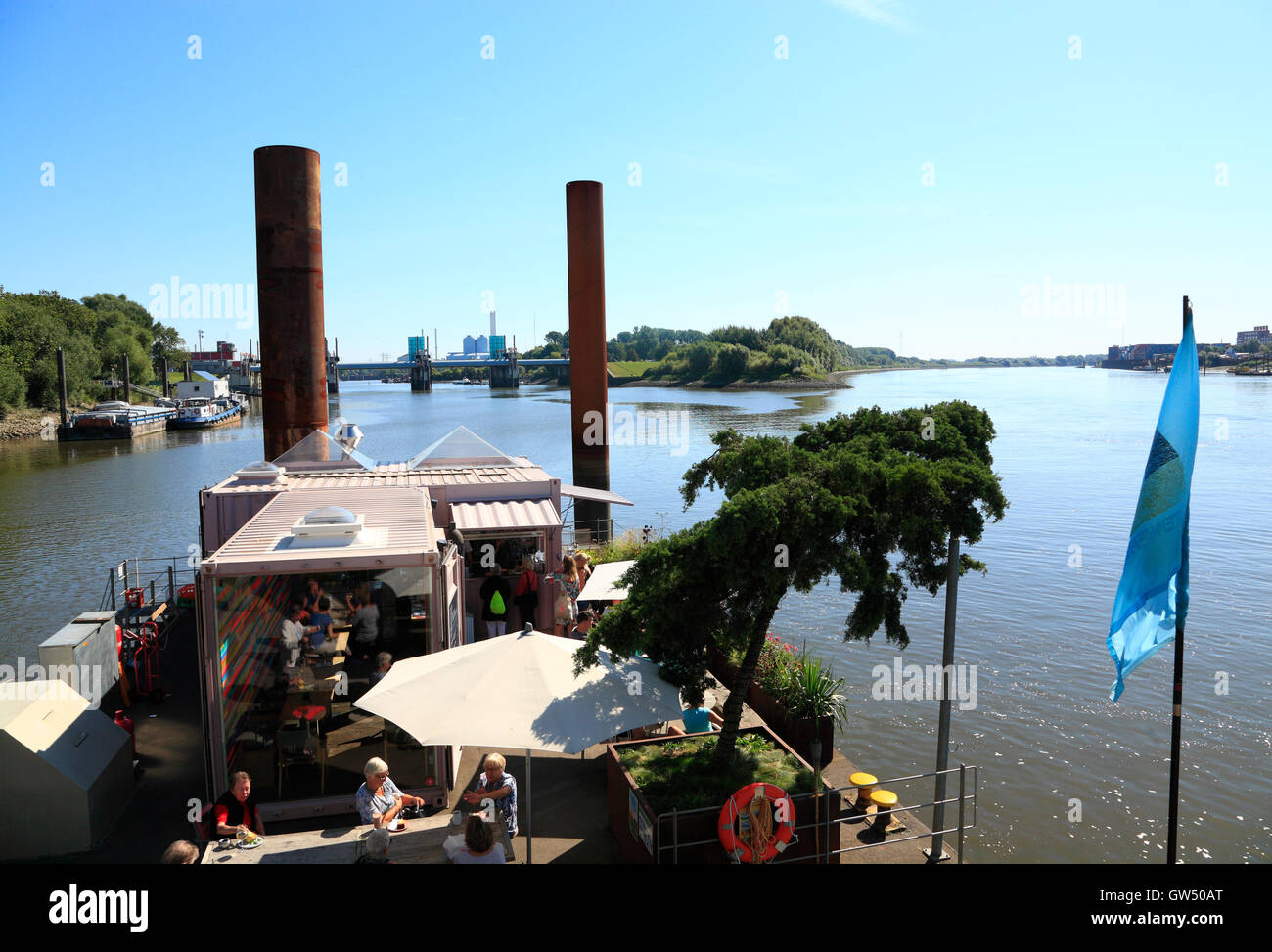 Entenwerder peninsula, Goldenen Pavillon and  Cafe at river Elbe, Hamburg, Germany, Europe Stock Photo