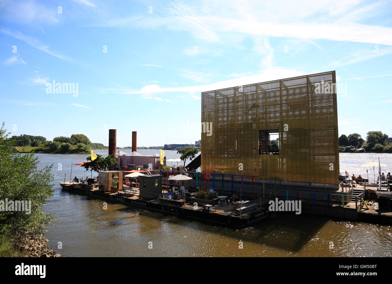 Entenwerder peninsula, Goldenen Pavillon and  Cafe at river Elbe, Hamburg, Germany, Europe Stock Photo