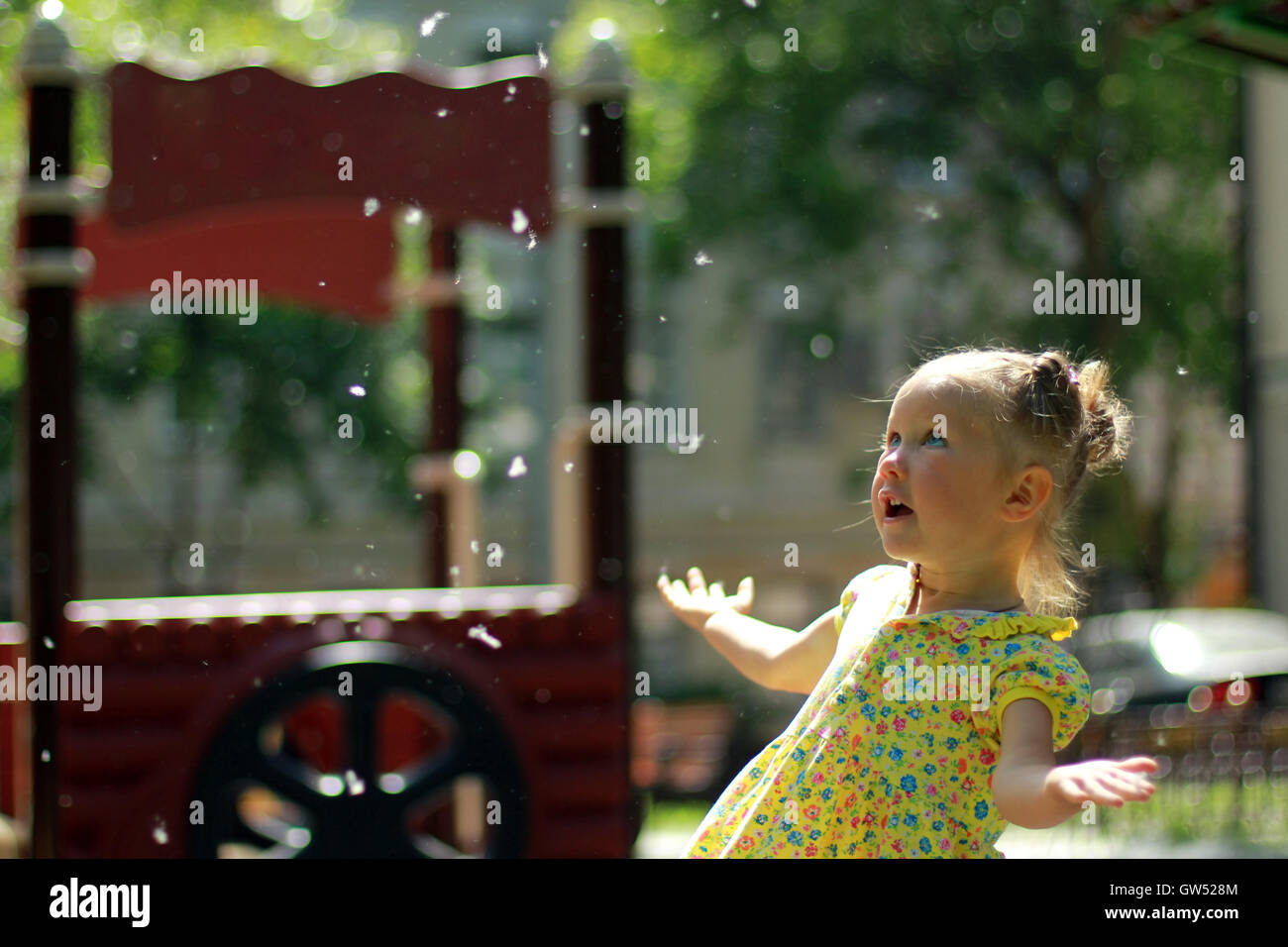 Little girl plays with poplar fluff Stock Photo