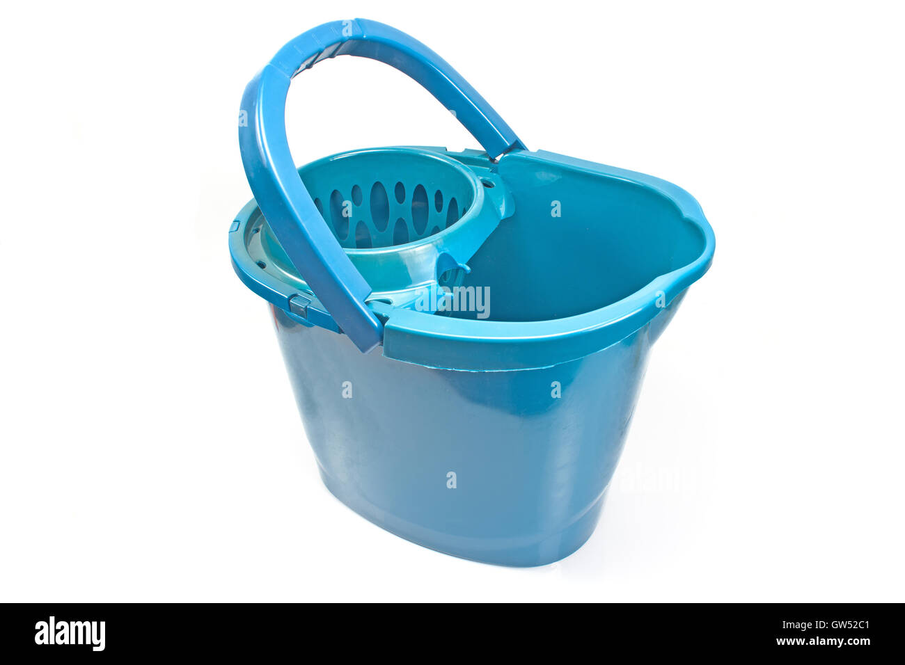 Blue bucket with mop squeezing isolated on white Stock Photo Alamy