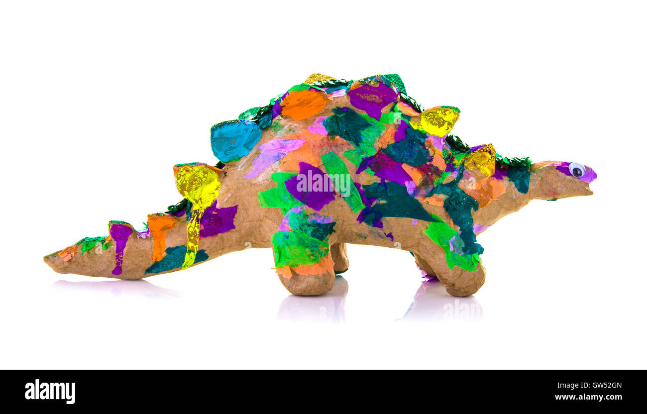 Colouful Hand Made Paper Mache Dinosar on a White Background Stock Photo