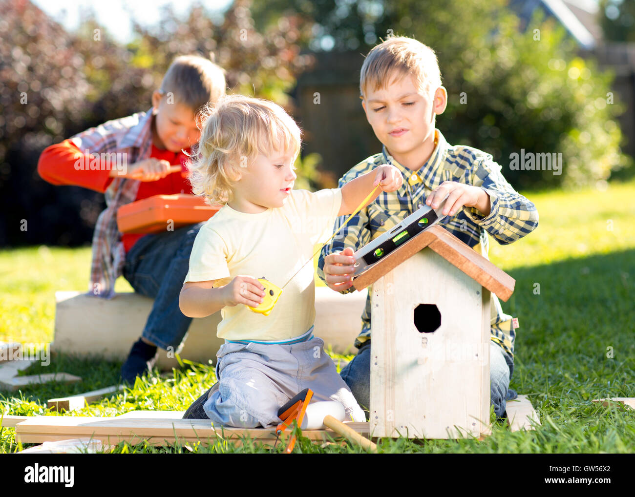 Little boys brothers building birdhouse outdoors Stock Photo