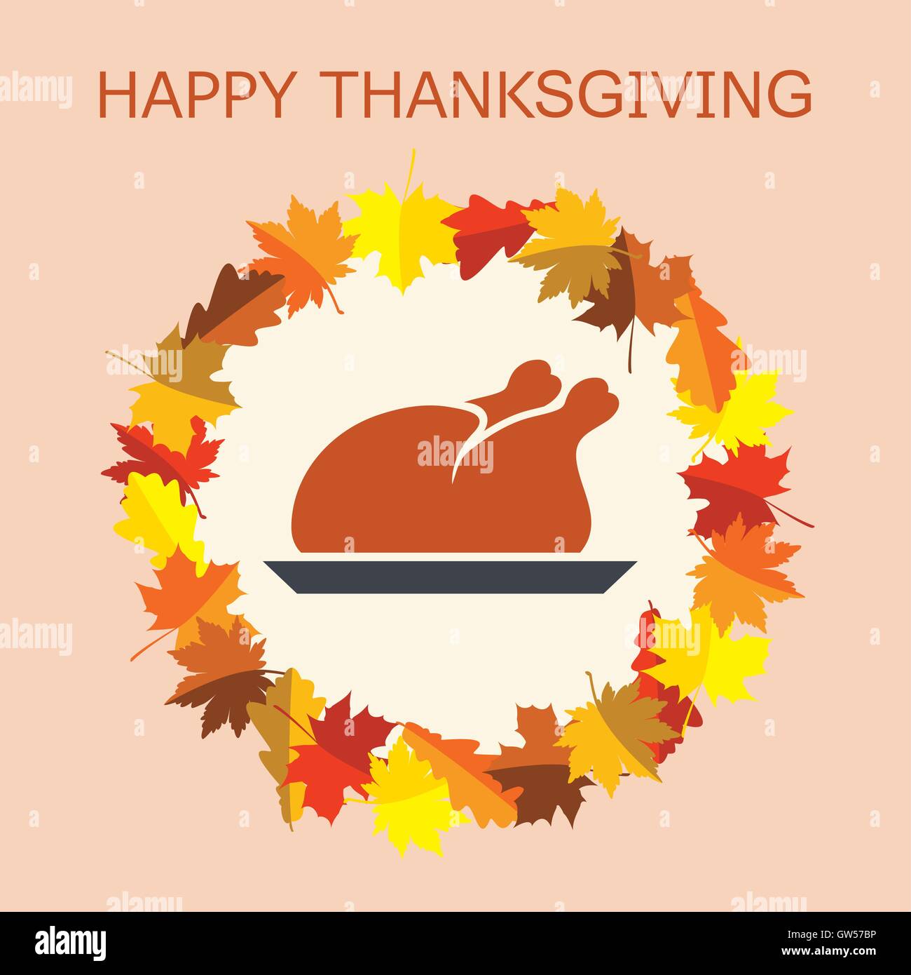 vector cooked turkey for thanksgiving day and autumn leaves Stock Vector