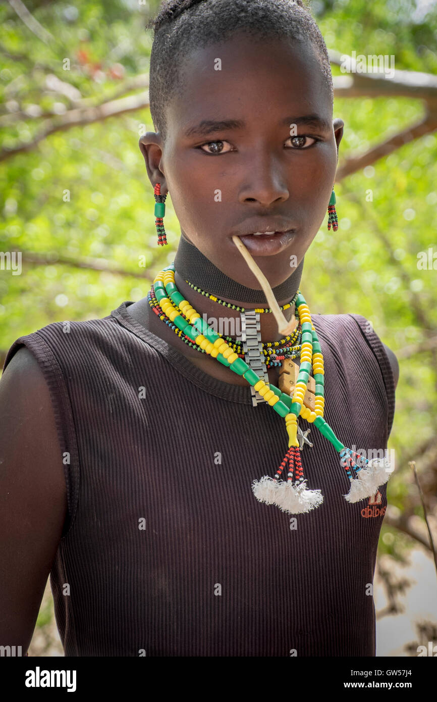 Portrait of a male member of the Hammer tribe in traditional dress in the Omo Valley of southern Ethiopia Stock Photo