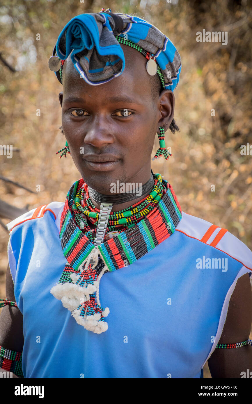 Portrait of a male member of the Hammer tribe in traditional dress in the Omo Valley of southern Ethiopia Stock Photo
