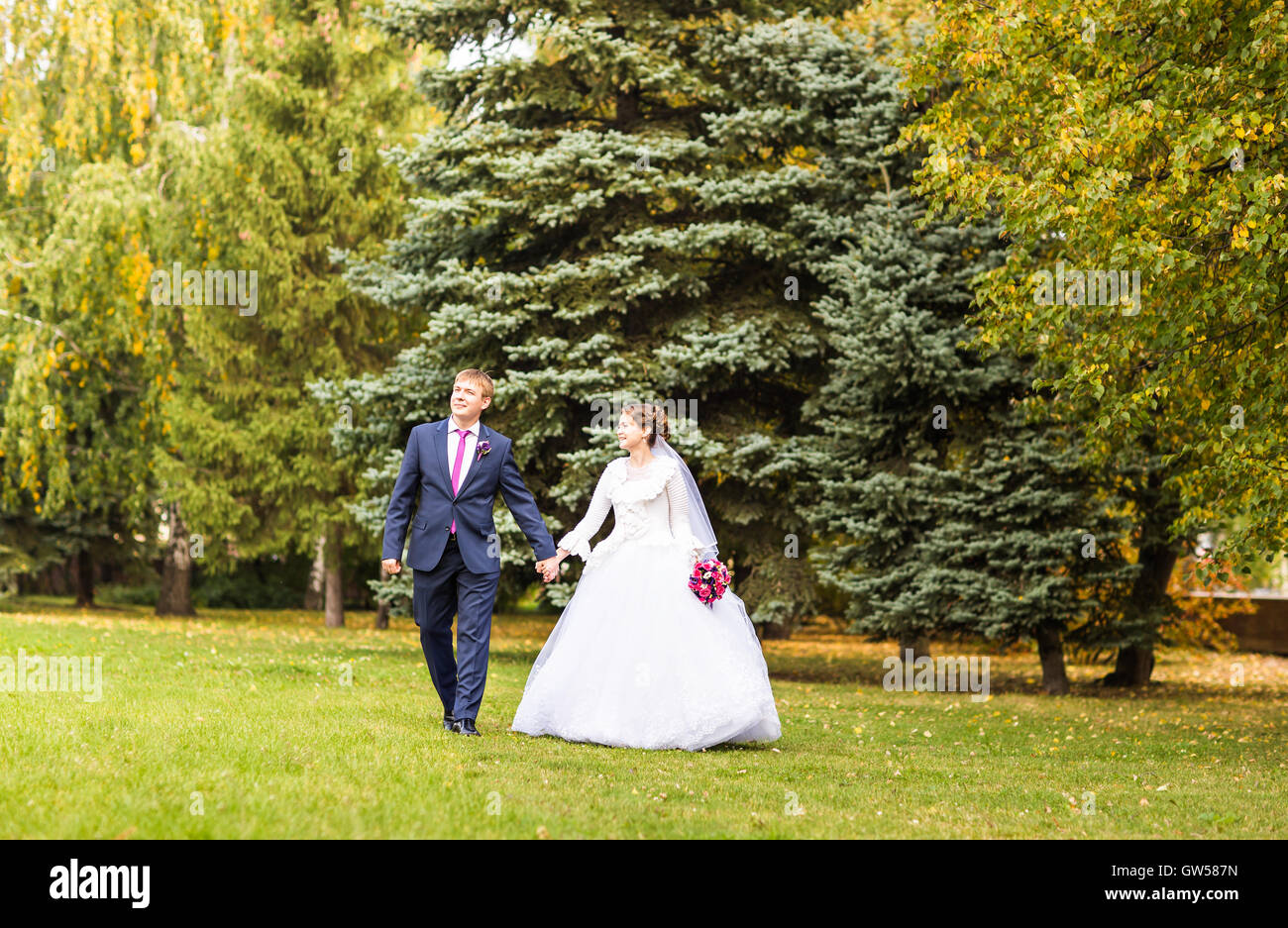 Bride and groom walking in the autumn forest Stock Photo - Alamy
