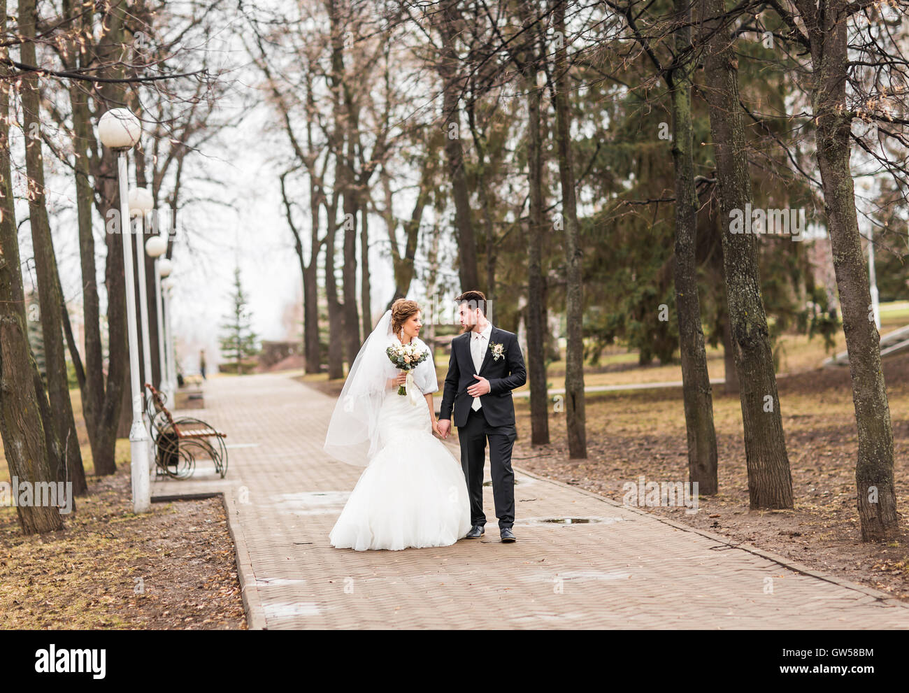 happy bride and groom walking in the autumn park Stock Photo - Alamy