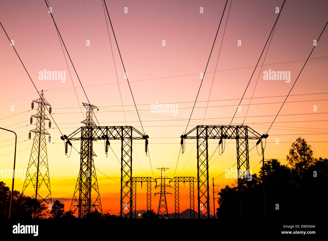 High voltage post and sky in twilight time Stock Photo - Alamy