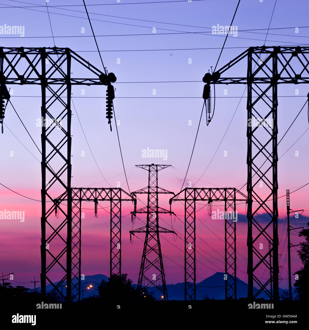 High voltage post and sky in twilight time Stock Photo - Alamy