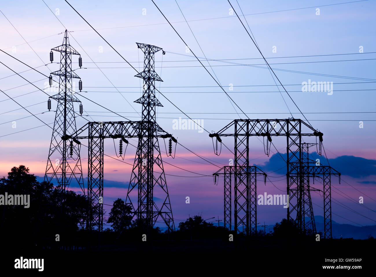 High voltage post and sky in twilight time Stock Photo - Alamy