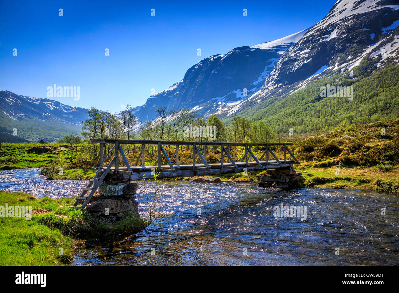 A footbridge across a stream in the summer pastures behind Innvik in Norway Stock Photo