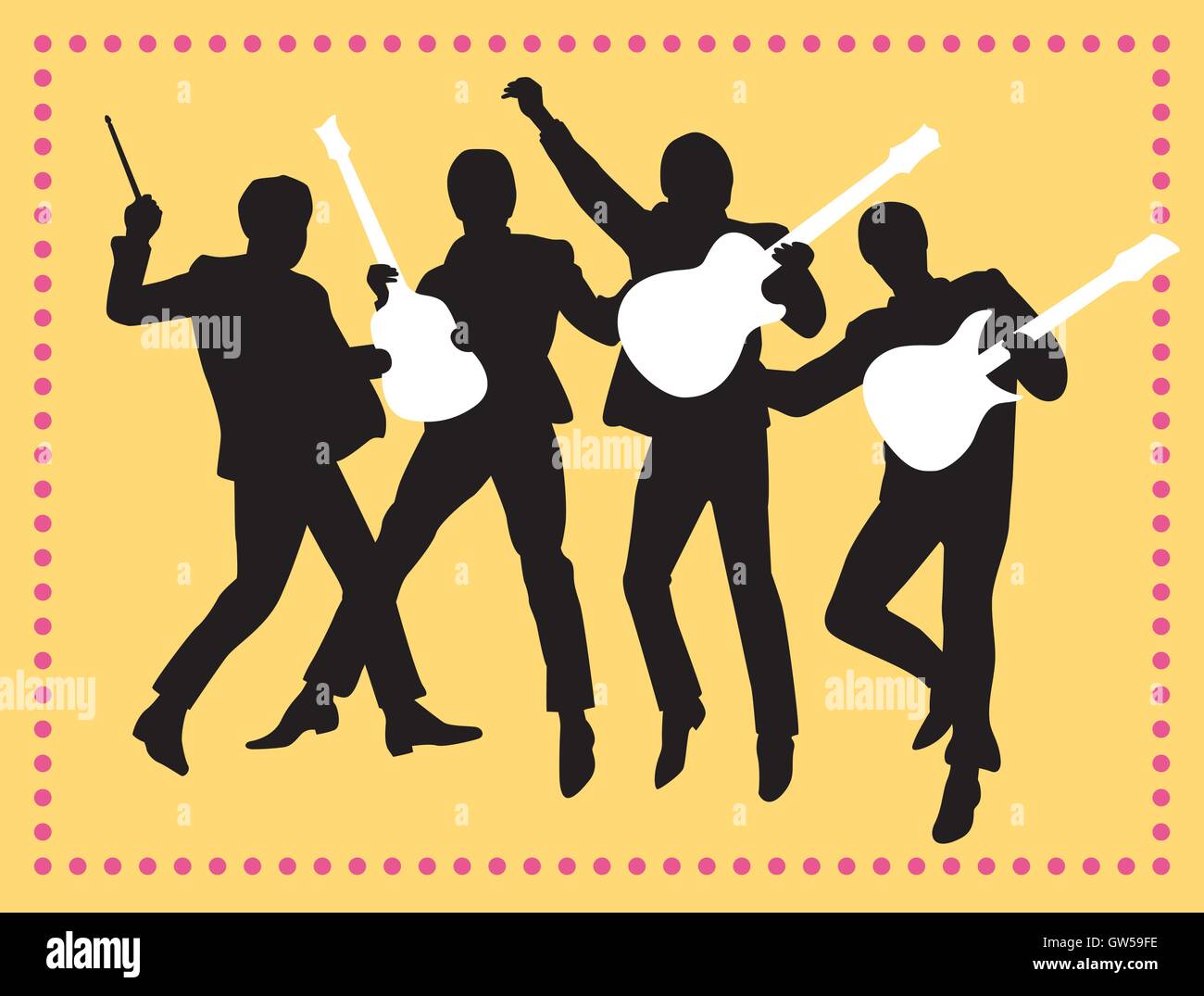 Fab Four Beatles Silhouette Vector Design. Musicians with guitars and drum sticks jumping in the air. Fun editable and scalable vector design. Stock Vector