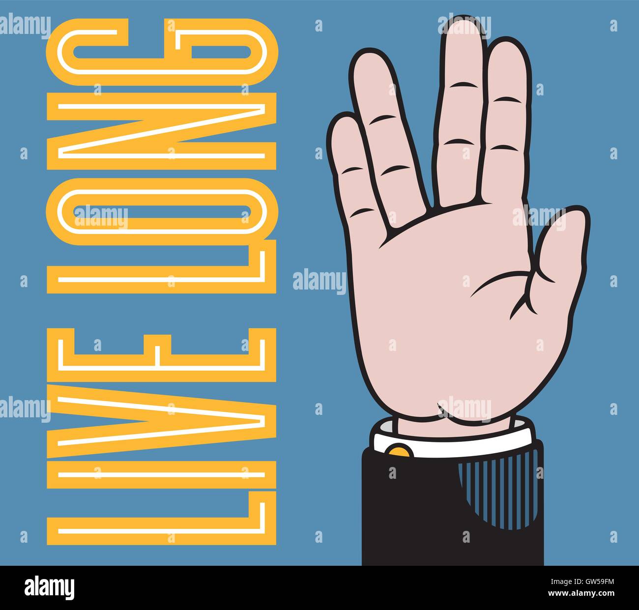 Live long hand vector design. Raised hand with fingers spread like Vulcan salute used by Mr. Spock.  Classic printer's pointer style illustration. Stock Vector