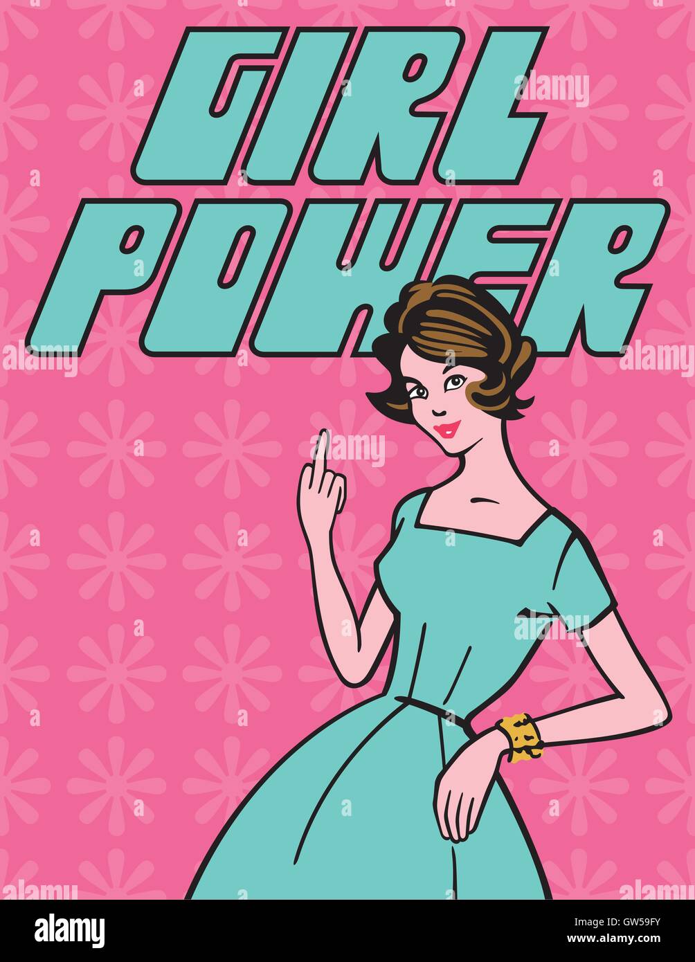 Girl Power Retro vector design. Classic 1950's housewife give the finger to the world. Cool retro graphics and decidedly modern attitude. You go girl! Stock Vector