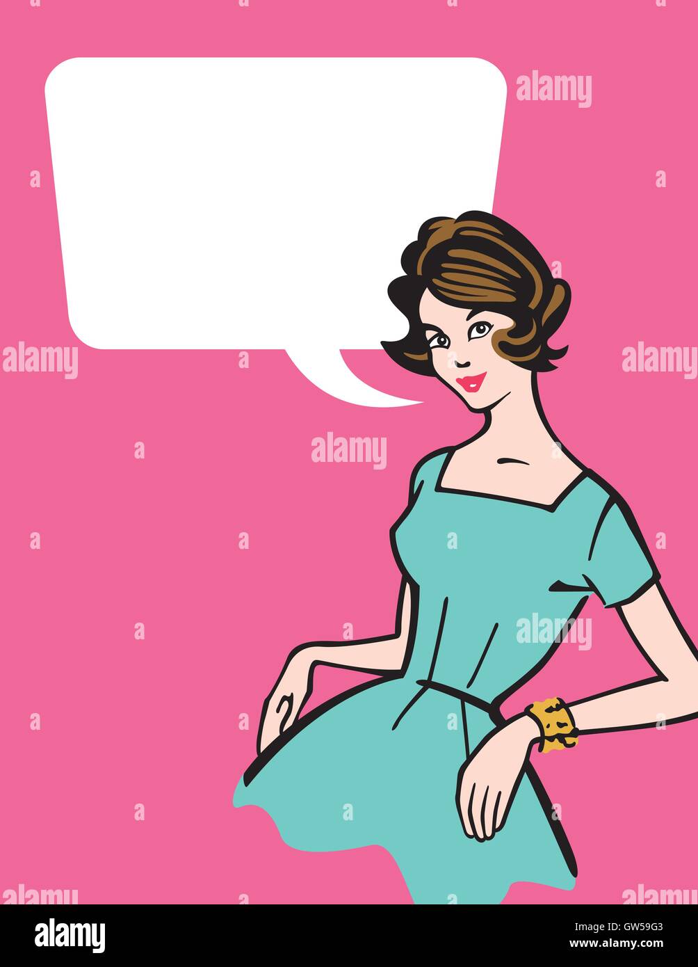 Retro 1950s Housewife vector design. Classic vintage style housewife illustration with empty speech bubble. Add your own text! Stock Vector