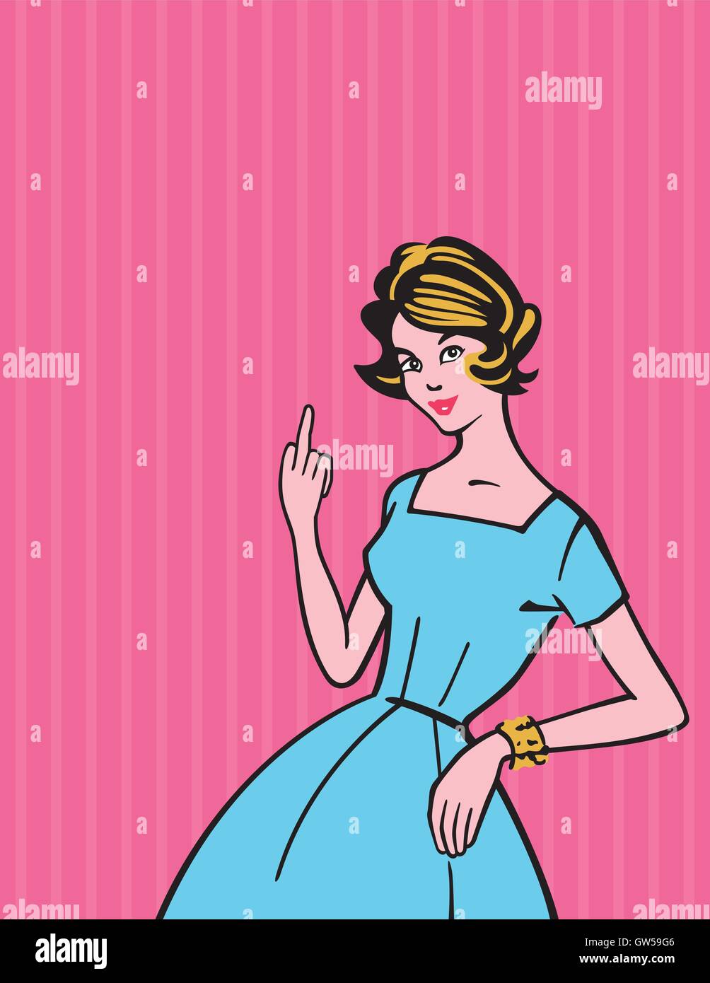Rude Housewife retro vector illustration. Classic housewife illustration with a twist - she is giving the finger or the bird. Vintage style graphics Stock Vector