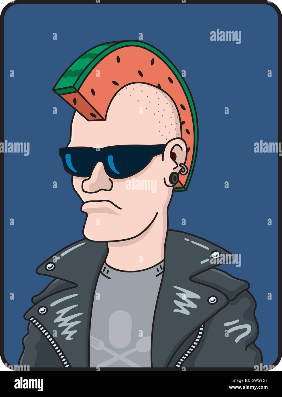Melon Head Punk Rock Vector Cartoon Illustration. Cartoon punk rocker has a watermelon slice for a mohawk hair cut. Stock Vector